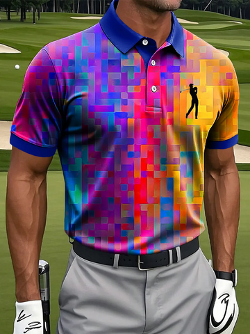 Retro Rainbow Geometric Oil Golf Tops For Men, Polo ShirtFor Men, Golf Gift For Men