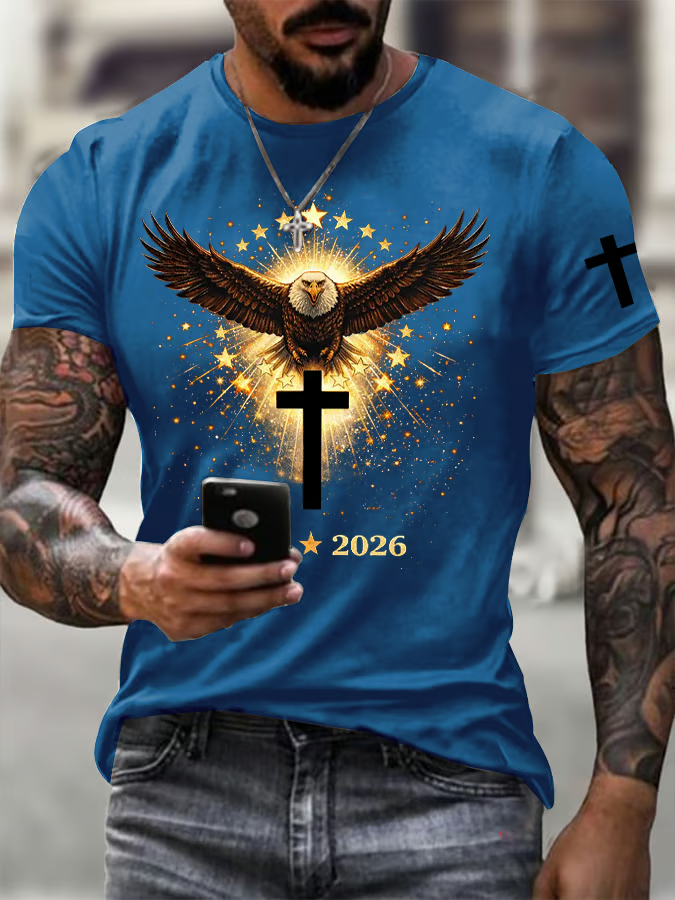 1776-2026 Faith Cross US Bald Eagle Blue Golf Shirt, Patriotic Golf Shirt, 4th Of July Golf Shirts For Men