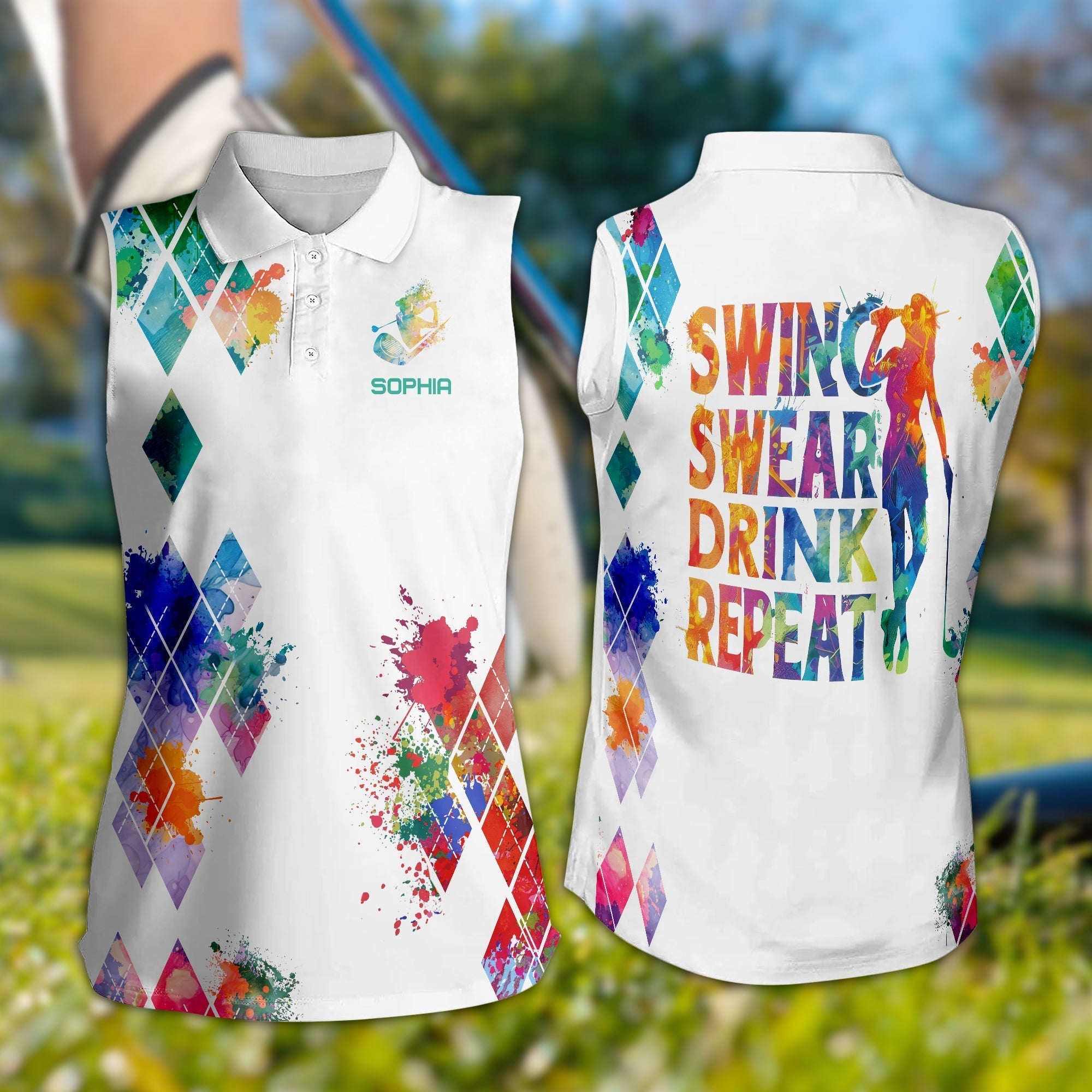 Swing Swear Drink Repeat Custom Name Golf Polo ShirtWomen Sleeveless Polo ShirtGift For Golfers