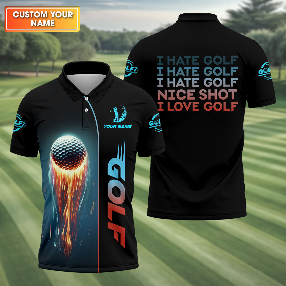 I Hate Golf Nice Shot I Love Golf, Shooting Star Custom Men's Golf Polo ShirtGolfing Apparel, Mens Golf Gift