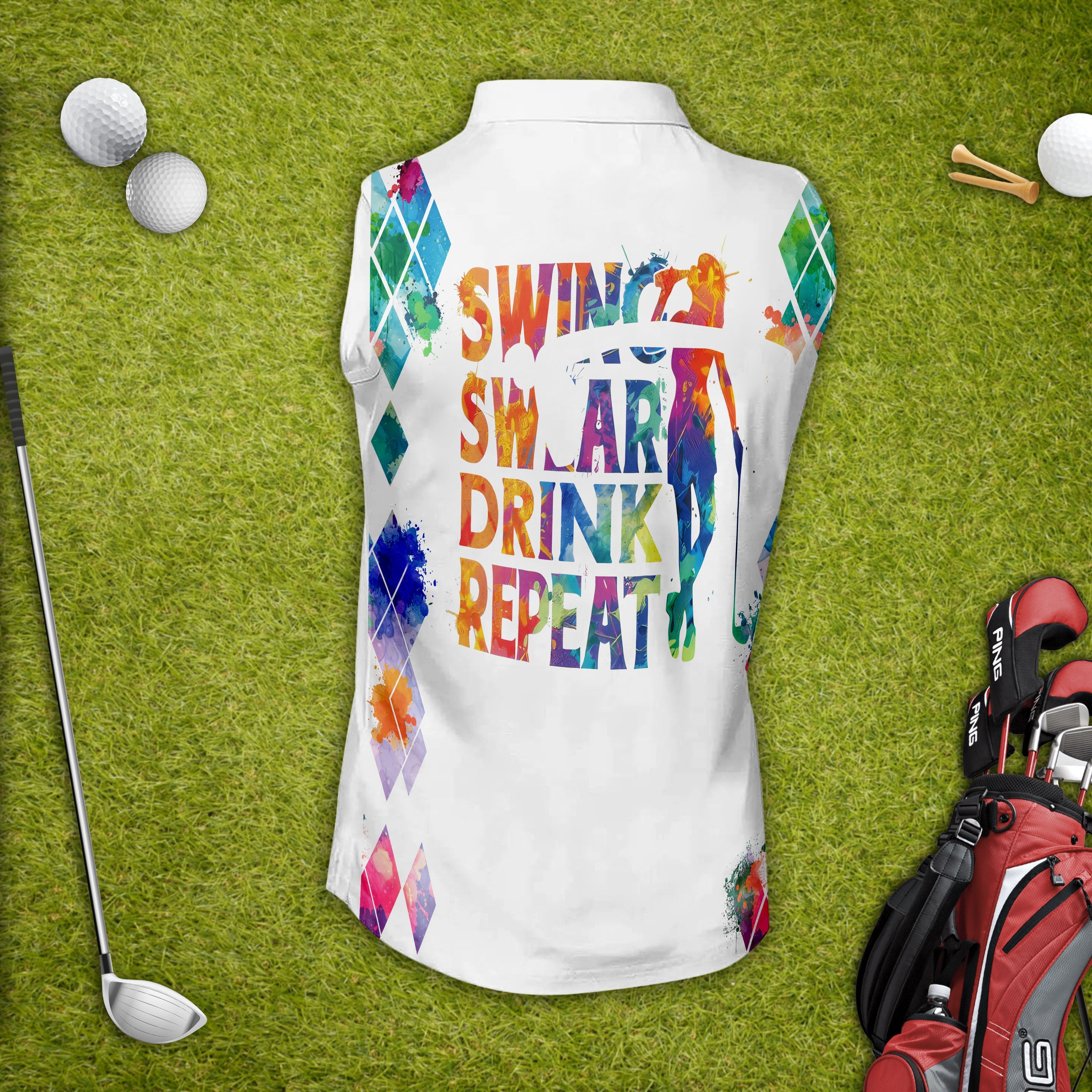Swing Swear Drink Repeat Custom Name Golf Polo ShirtWomen Sleeveless Polo ShirtGift For Golfers