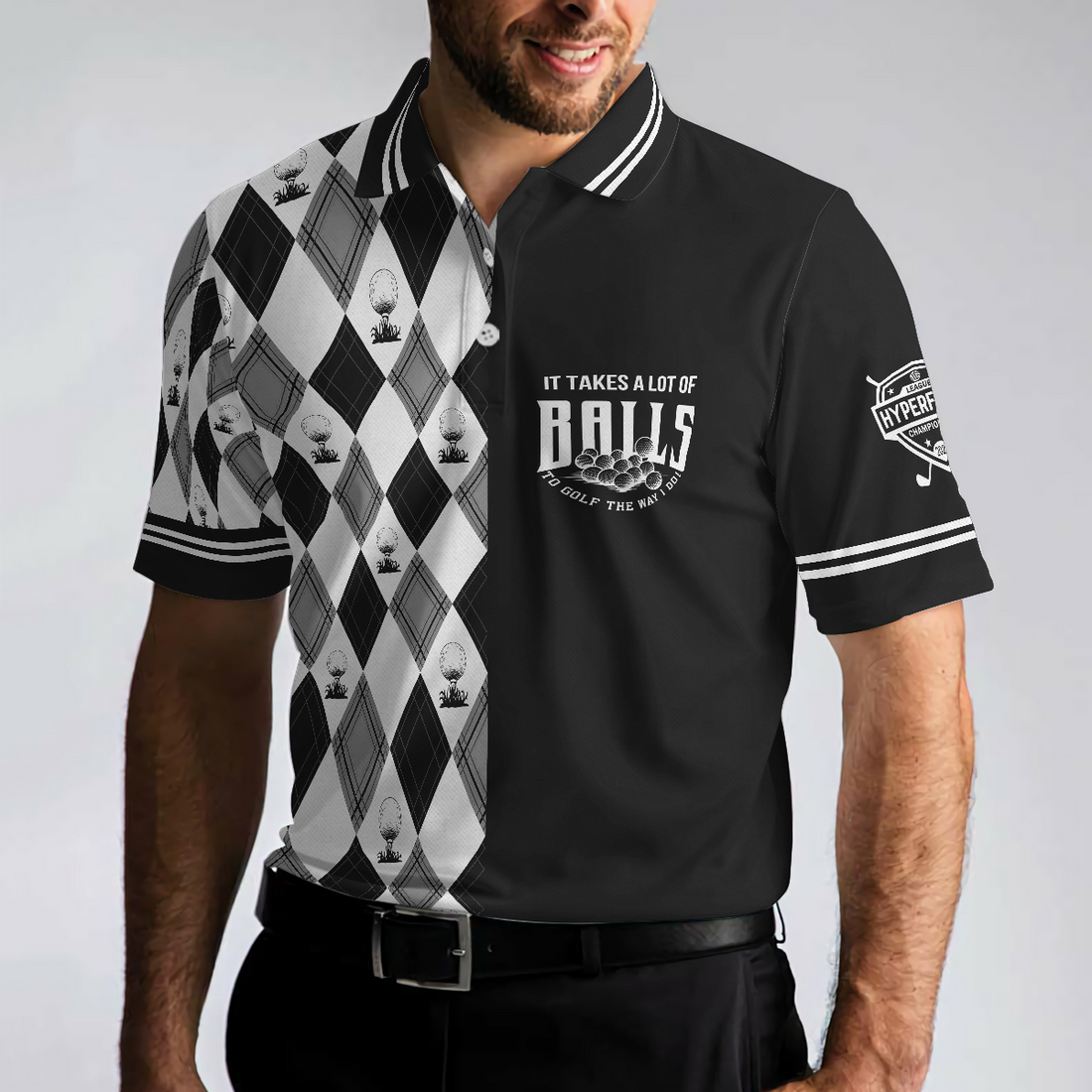 Black And White Argyle Men's Golf Polo Shirtolfing Apparel, Mens Golf Gift