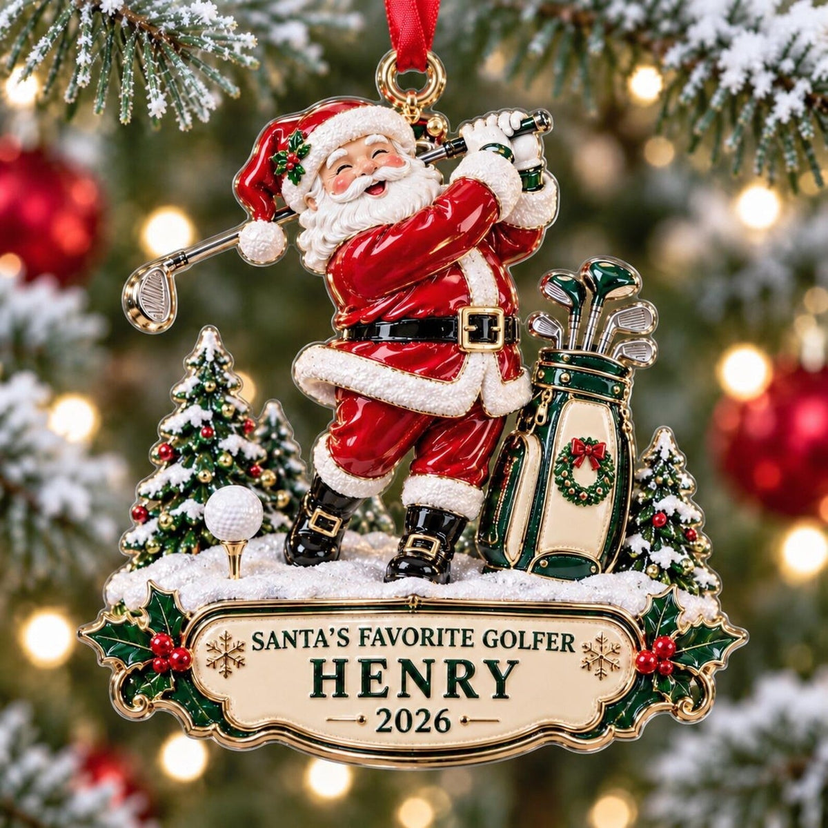 Custom Santa Golfer Acrylic Ornament, Holiday Decoration, Gifts For Him