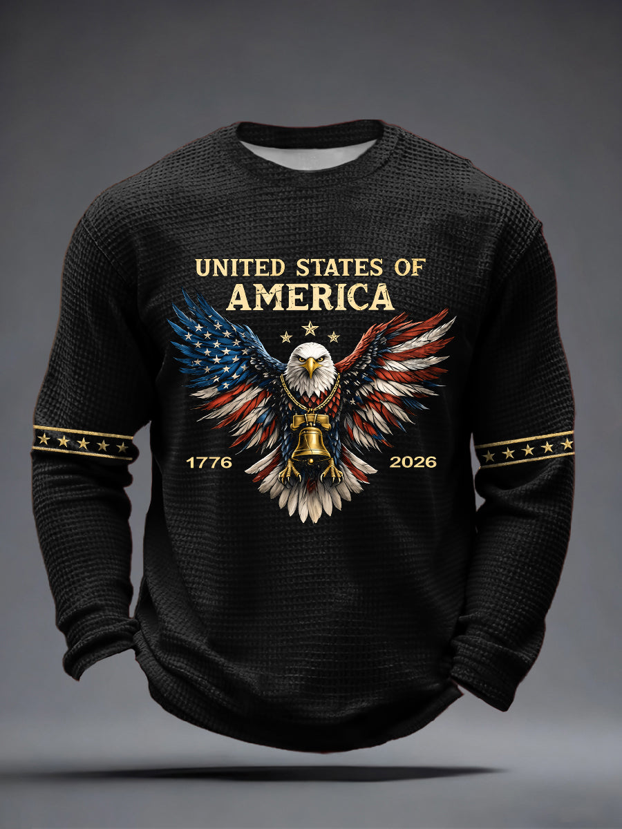 America 250 Celebration Shirt Men's USA 1776-2026 Print Waffle Long-Sleeve T-Shirt 4th Of July Shirt