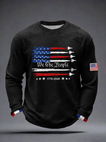 Red White Blue America 250 Shirt Men's USA 1776-2026 Print Waffle Long-Sleeve T-Shirt 4th Of July Shirt