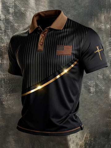 Red White Blue America 250 Shirt Men's Faith Cross And American Flag Print Polo Shirth Of July Shirt