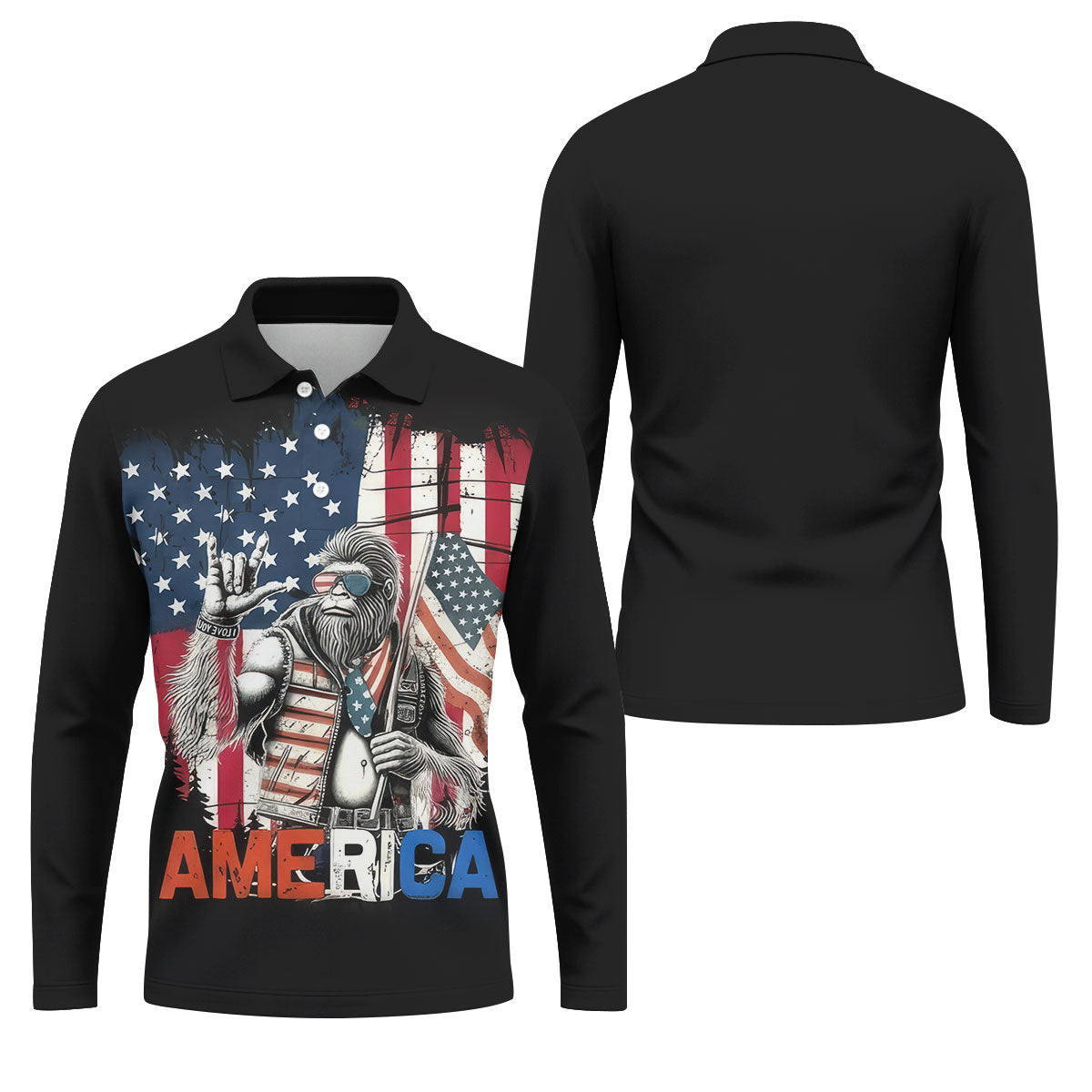 American Flag Bigfoot Patriot Black Hawaiian Golf Shirt, 250th Anniversary Tropical Vibe Men's Golf Shirt